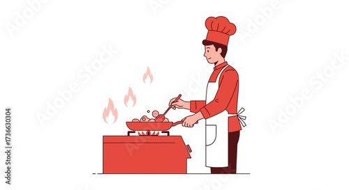 Chef Skillfully Cooking Delicious Food In A Pan In Kitchen Illustration