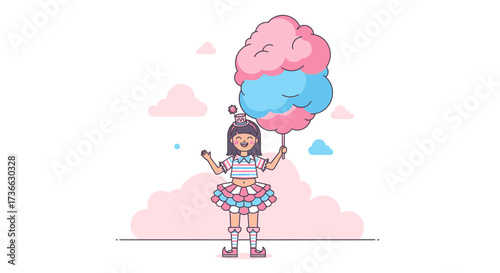 Cheerful Girl Holding Giant Cotton Candy Under Pastel Clouds Enjoying A Sweet Treat