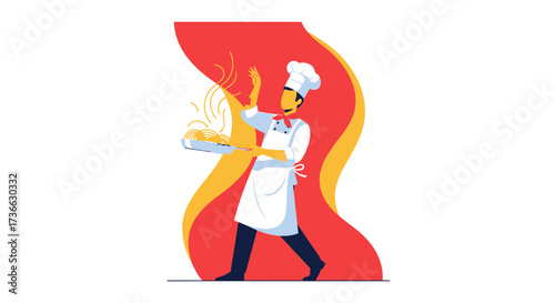Chef Skillfully Preparing Delicious Pasta Dish with Vibrant Abstract Background