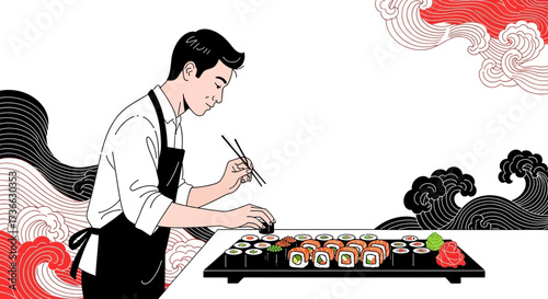 Chef Skillfully Preparing sushi Rolls in Artistic japanese Illustration style