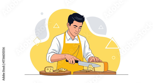 Chef Skillfully Slicing Cheese, Culinary Delight in a Vibrant Flat Design