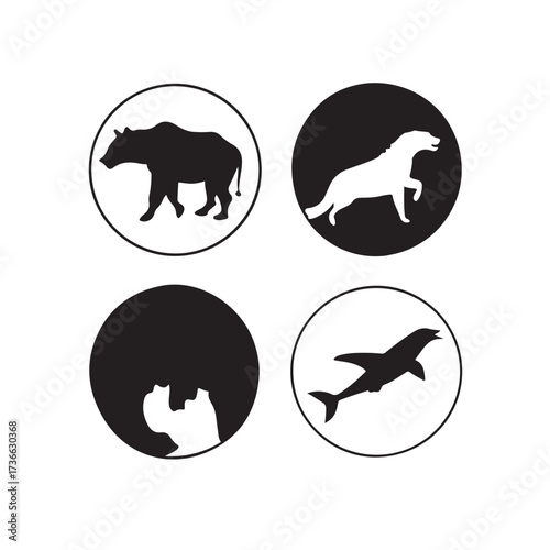 Four circular silhouettes of different animals in black and white