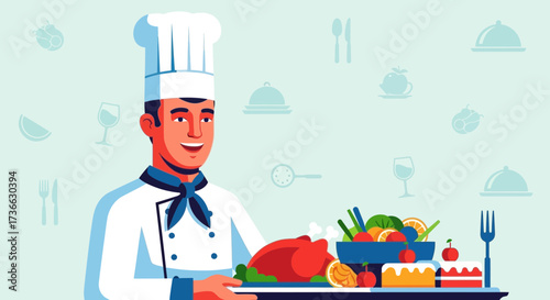 Chef Smiling and Presenting Delicious Dishes on a Tray Ready for Service Culinary