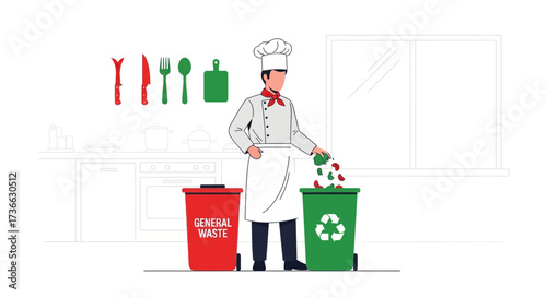 Chef Sorting Waste in Kitchen, Emphasizing Recycling and Ecological Responsibility