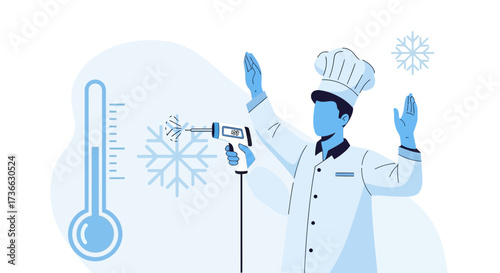 Chef Testing Temperature with Cryogenic Gun, Surrounded by Snowflake Icons on White Background
