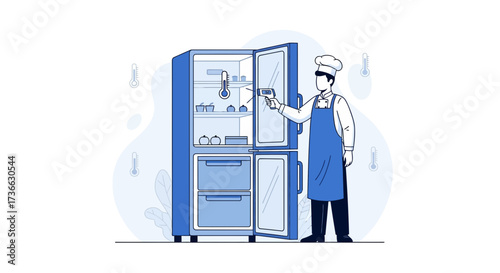 Chef Using Infrared Thermometer To Check Refrigerator Temperature In Commercial Kitchen