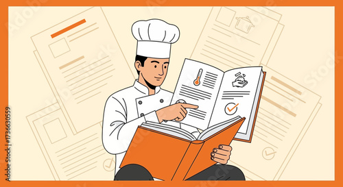 Chef Studying Recipe, Detailed Illustration of Cooking Procedures and Professional Guidance