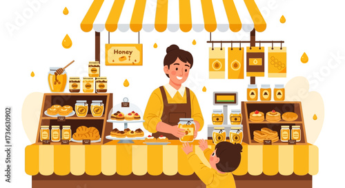 Cheerful Honey Vendor Interacts With Young Customer At A Delightful Market Stall