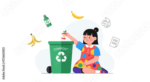 Child Composting Waste With Recycled Bin, Reducing Pollution and Improving Environmental