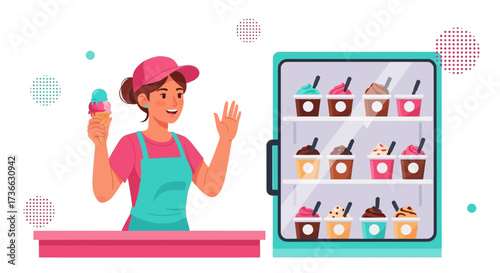 Cheerful Ice Cream Vendor Welcoming Customers Near Displayed Dessert Options