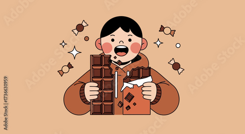 Child Delights In Chocolate Bars And Candy Sweets With Joyful Celebration