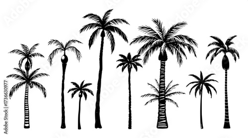 Modern minimalist poster with eight palm tree line drawings in horizontal layout. Black outlines, some solid fills, neutral cream background, clean flat design emphasizing geometry and simplicity.”