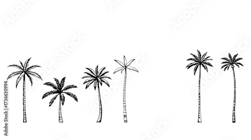 Modern minimalist poster with eight palm tree line drawings in horizontal layout. Black outlines, some solid fills, neutral cream background, clean flat design emphasizing geometry and simplicity.”