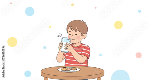Child Drinking From Glass Near Cookies Showing Joyful Well-Being and Daily Nourishment Scene