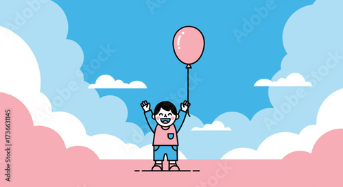 Child Embracing The Freedom Of A Bright Sky With A Pink Balloon Celebration