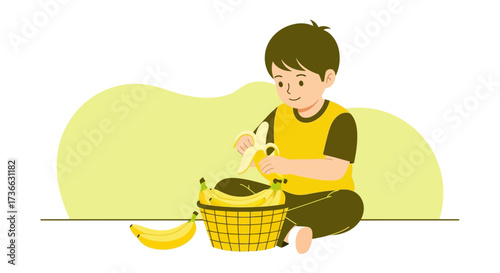 Child Enjoying A Banana: Eating Healthy Habits Illustration with Vector Design Elements