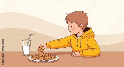 Child Enjoying Delicious Cookies With a Glass Of Milk Vector Illustration