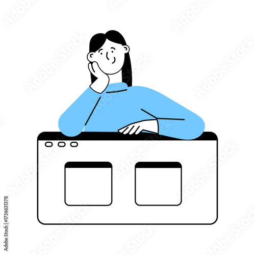 Adult woman sitting at desk with one hand on chin, looking thoughtfully at digital interface while brainstorming ideas for work