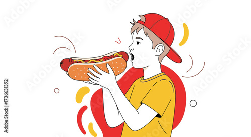 Child Enjoying Delicious Hotdog Illustration Depicting Concept Of American Food Culture