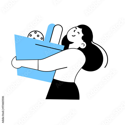 Woman carrying a blue grocery bag filled with food items happily in a bright and simple illustration style