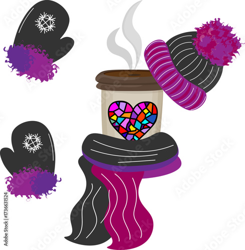 A charming and cozy vector illustration depicting a coffee or hot beverage set for a cold day. 