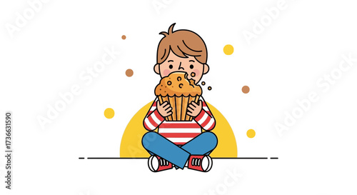 Child Enjoying Muffin, Simple Illustration Featuring Kid Eating Bakery Food Deliciously