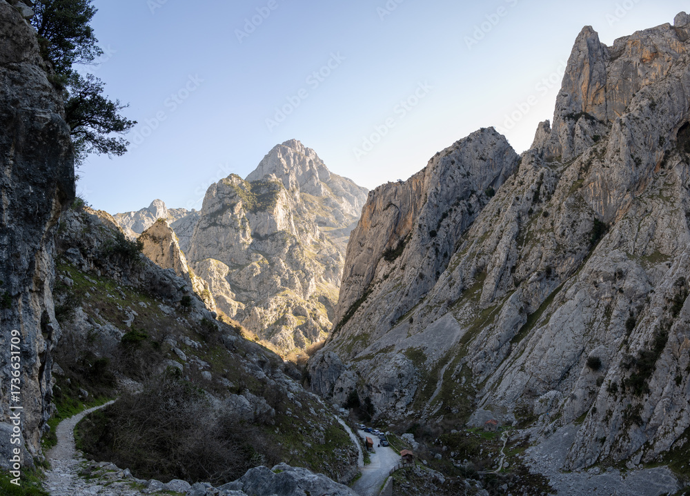 Fototapeta premium Scenic Mountain Path Through Rocky Cliffs from the Ruta del Cares hike
