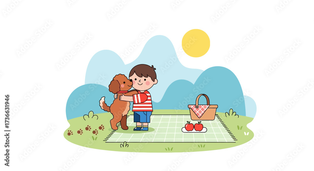 Fototapeta premium Cheerful Scene Of A Boy Hugging His Dog During A Sunny Picnic Outside