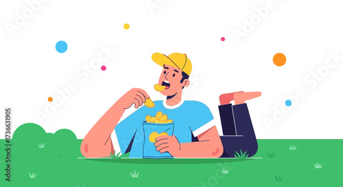 Cheerful Person Relaxing In Park Enjoying Chips While Surrounded By Colorful Dots