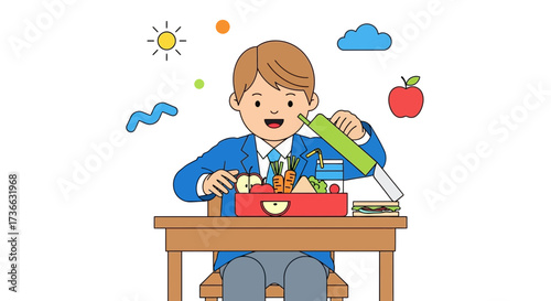 Cheerful Schoolboy With Lunchbox And Juice Enjoying His Meal Smiling At The Desk