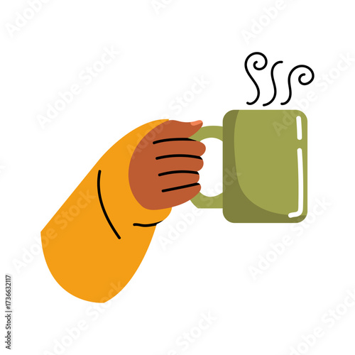 Warm cup of tea held by cozy hands in cool weather for a comforting experience