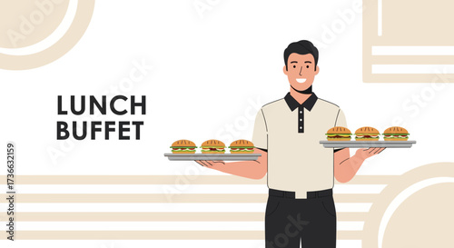 Cheerful Waiter Presenting Delicious Burgers at a Lunch Buffet for a Refreshing Experience