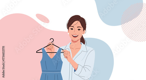 Cheerful Woman Choosing Dress, Representing Fashion, Style, and Wardrobe Selection with Ease