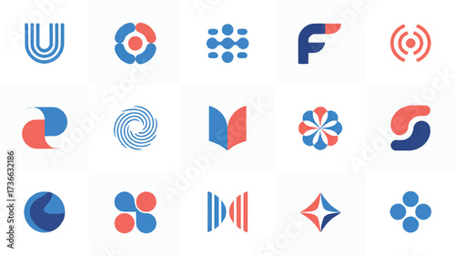 A collection of 15 minimalist corporate logo designs arranged in a 3x5 grid against a white background.  
