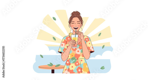Cheerful Woman Enjoying Refreshing Drink, Smiling In a Sunny, Summertime Setting