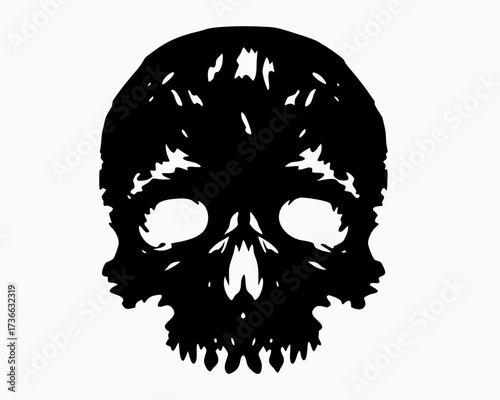 Stylized black skull with abstract jagged edges and prominent eye sockets on a white background image