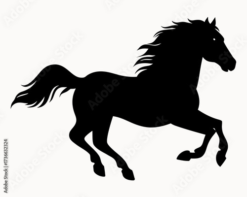 Silhouette of a horse galloping with flowing mane and tail in a dynamic pose against white background