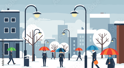 Diverse People Walking in a Snowy City Park with Umbrellas
