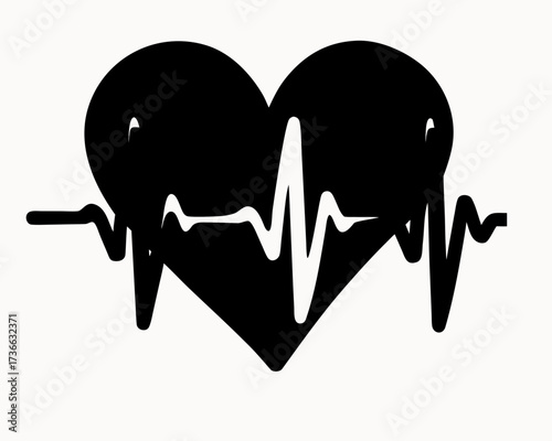 Black heart shape with a white electrocardiogram line running through the center of the image design art
