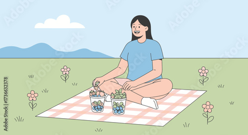 Cheerful Woman Feasting on Berries and Enjoying Sunny Day in the Meadow