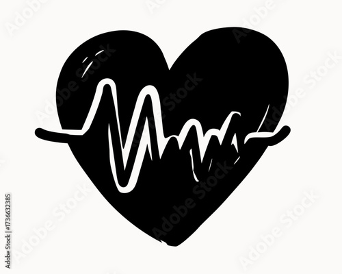 Black heart shape with a white heartbeat line running across it on a white background illustration