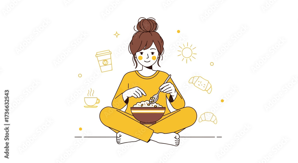 Naklejka premium Cheerful Woman Relaxes While Enjoying Her Breakfast And Embracing A Sunny Morning