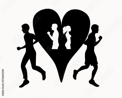Two running silhouettes with a heart shape containing two white figures facing away from each other