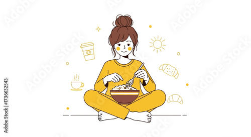 Cheerful Woman Relaxes While Enjoying Her Breakfast And Embracing A Sunny Morning