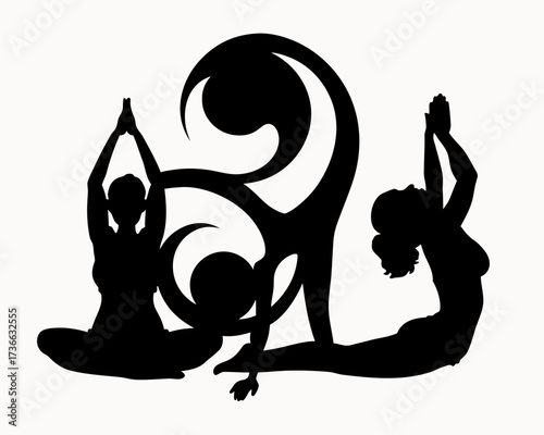 Silhouette illustration of two women in yoga poses with an abstract swirling design element behind them