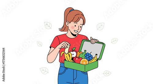 Cheerful Woman With Packed Lunchbox Filled With Vibrant Fruits Smiling Happily