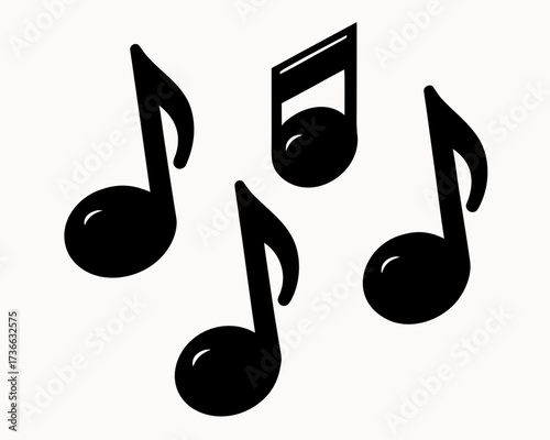 Illustration of four black musical notes with varying shapes on a white background surface view