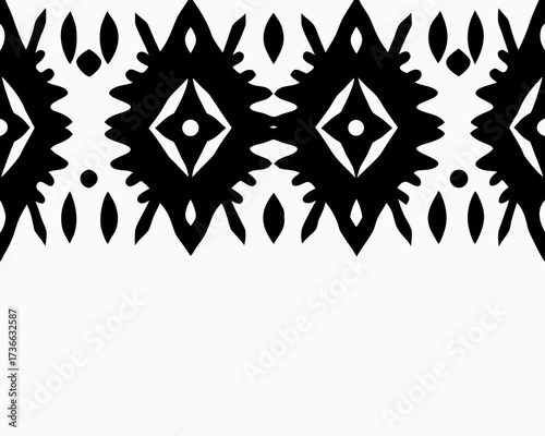 Repeating black and white pattern with diamond and teardrop shapes in horizontal arrangement design art