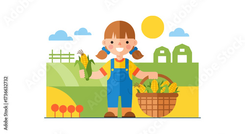Cheerful Young Farmer Holding Harvested Sweet Corn in a Basket and Ready for the Fields