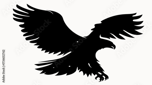 Silhouette of an eagle with outstretched wings soaring downwards against a white background design element